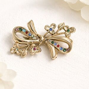 Vintage Silver Tone Floral Bow Brooch Multicolor Rhinestone Retro Statement Pin